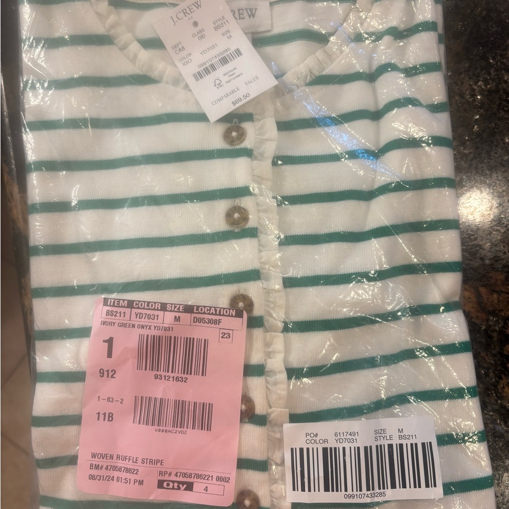 J. Crew Green and White Striped Henley